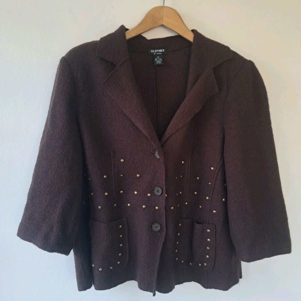 Clothes by Revue 2X PLUS Cardigan 100% Wool Brown Studded Sweater Jacket Womens